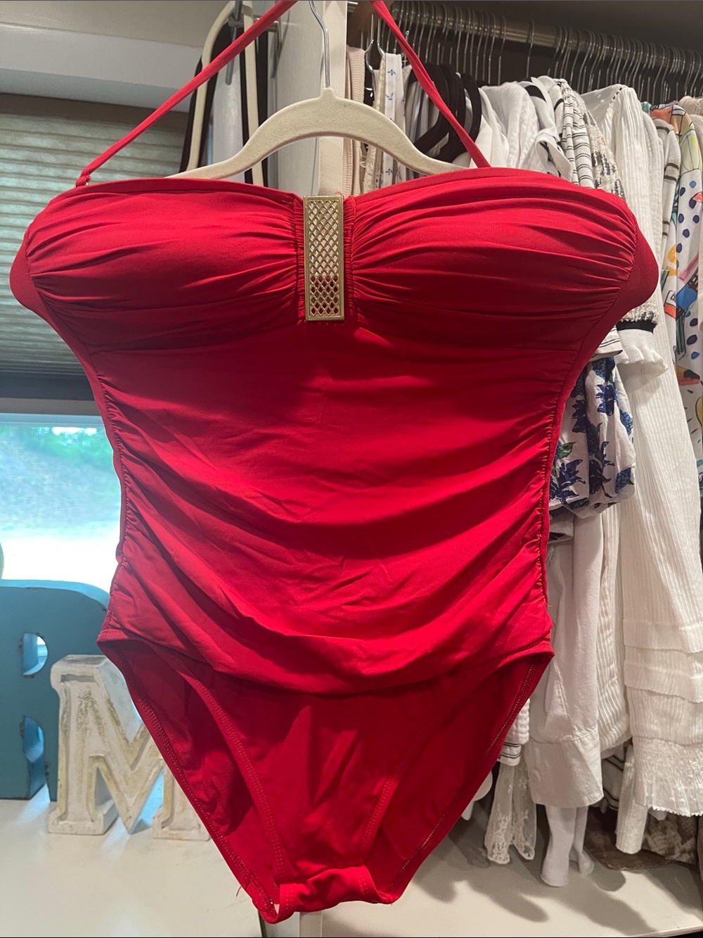 La Blanca Red Strapless One-Piece Swimsuit with Gold Accent